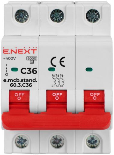 Модульний автоматичний вимикач E.NEXT (e.mcb.stand.60.3.C36) 3p, 36А, C, 6кА (s002164)