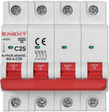 Модульний автоматичний вимикач E.NEXT (e.mcb.stand.60.4.C25) 4p, 25А, C, 6кА (s002149)