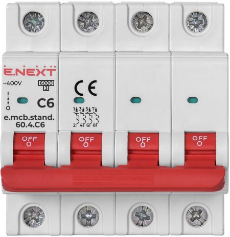 Модульний автоматичний вимикач E.NEXT (e.mcb.stand.60.4.C6) 4p, 6А, C, 6кА (s002160)