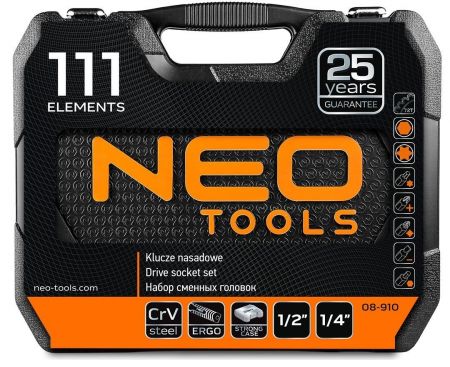 Набір інструментів Neo Tools, 1/4", 1/2", CrV, 111 одиниць