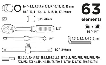 Набір торцевих головок Top Tools, 3/8", 63 одиниць