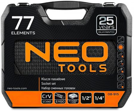 Набір інструментів Neo Tools, 1/2", 1/4", CrV, 77 одиниць