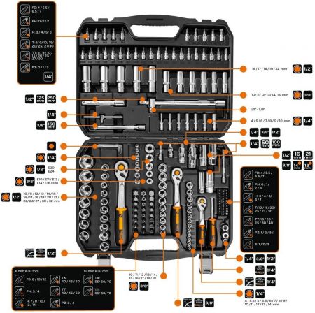 Набор инструментов Neo Tools, 1/4", 3/8", 182 единиц