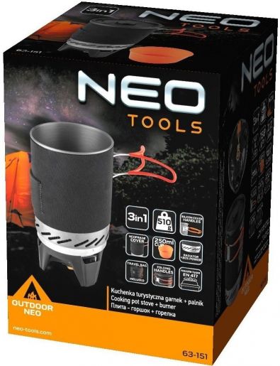 Набір посуду туристичного Neo Tools, 3в1, каструля, тарілка, пальник, п'єзорозпал (63-151)