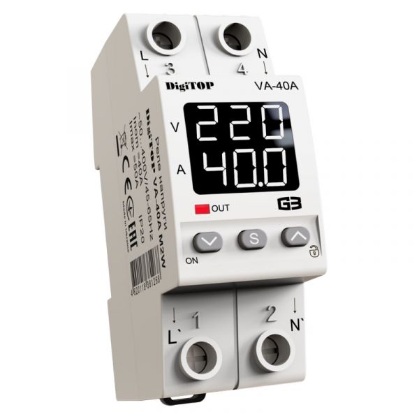 Реле напруги з контролем струму DigiTOP VA-40A M2W (4820118381268) Реле напруги з контролем струму DigiTOP VA-40A M2W (4820118381268)