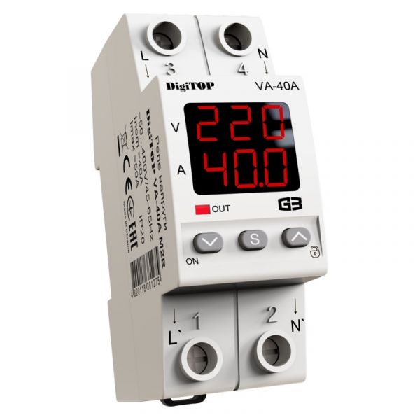 Реле напруги з контролем струму DigiTOP VA-40A M2R (4820118381275) Реле напруги з контролем струму DigiTOP VA-40A M2R (4820118381275)