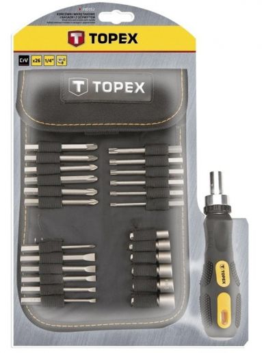 Отвертка реверсивная с комплектом насадок TOPEX, 26 единиц
