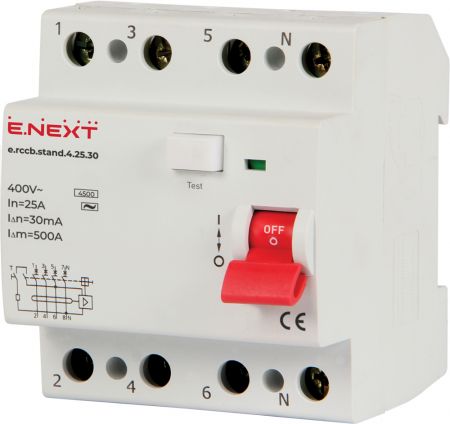 Выключатель дифференциального тока E.NEXT (e.rccb.stand.4.25.30) 4p, 25А, 30mA, 4.5кА (s034003) УЗО