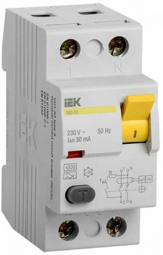 Вимикач диференційного струму IEK ВД1-63, C, 2p, 32А, 30mA, 4.5кА (MDV10-2-032-030) ПЗВ